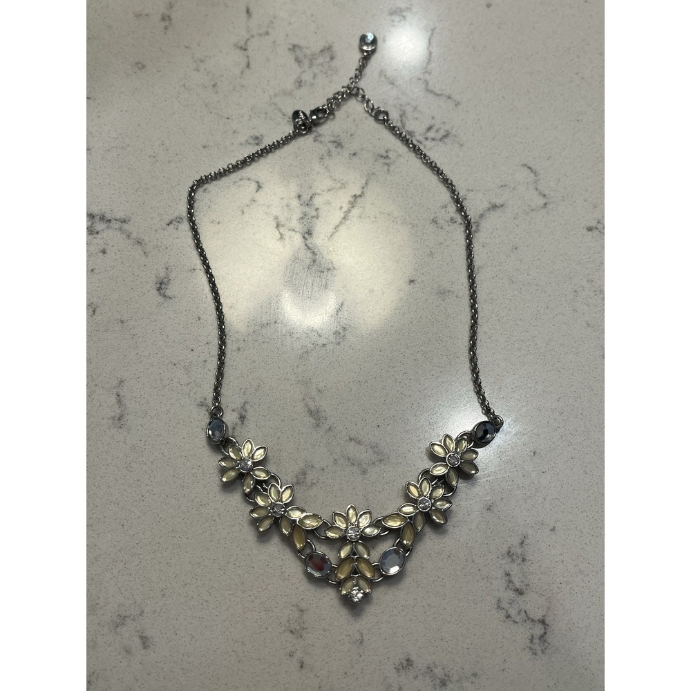Lia Sophia Silver Floral Statement Necklace White Enamel Crystals Adjustable